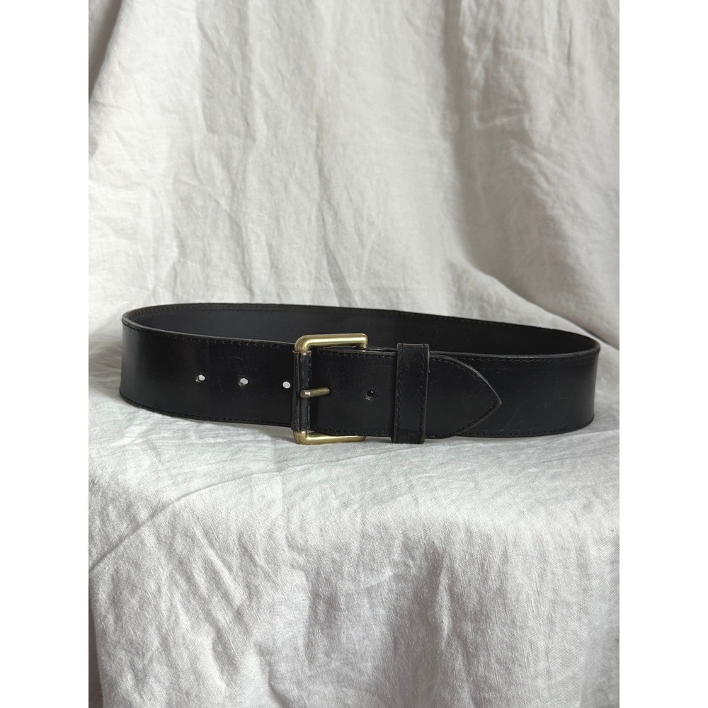 Vintage Black Leather Wide Waist Belt Gold Roller Buckle Dark Academia Goth M